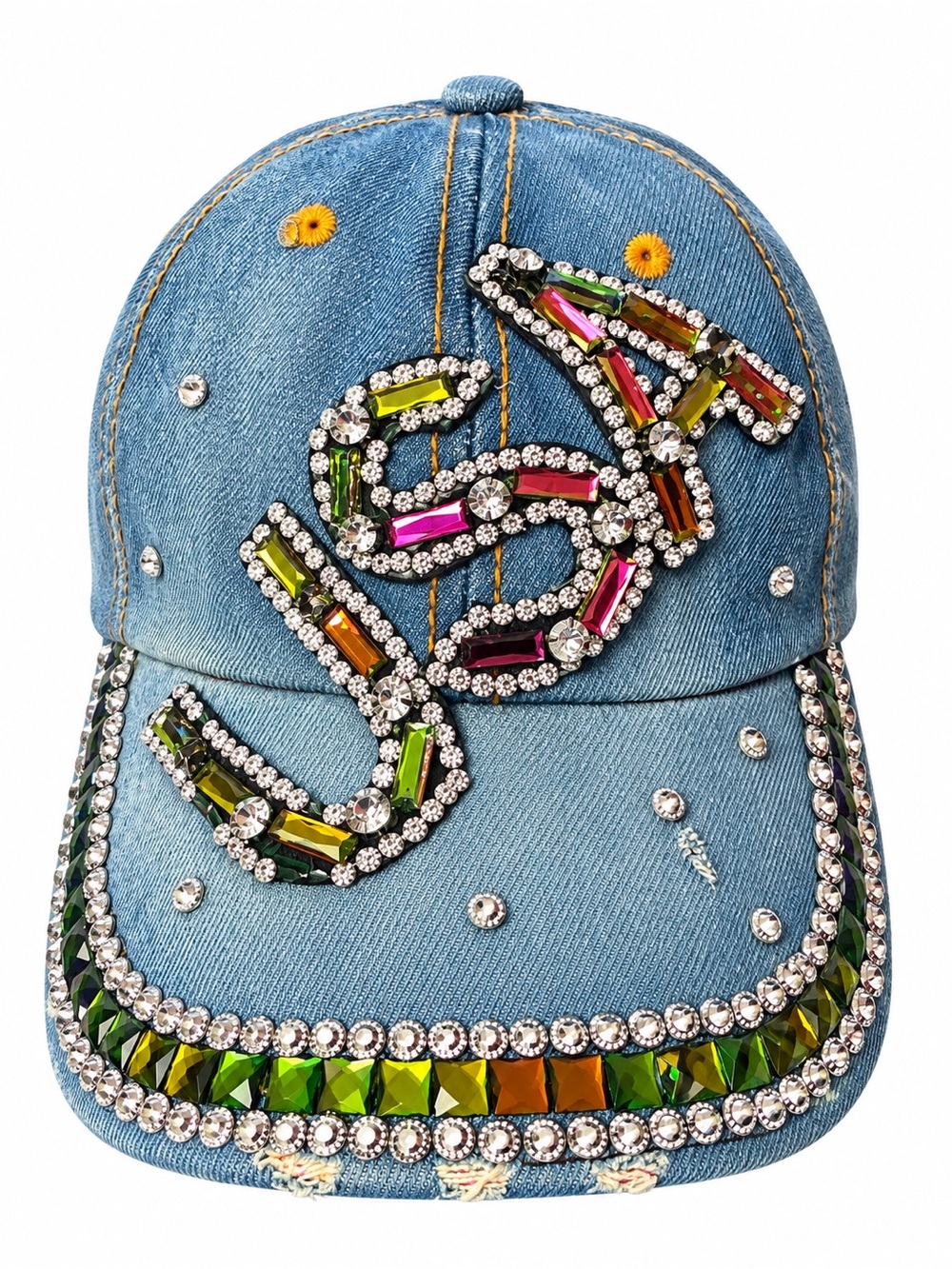 Embellished Blue Denim Distressed Baseball Cap with Multicolor Gem Accents